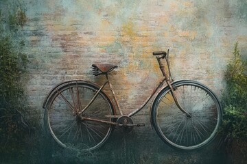 A vintage bicycle with rust, leaning against a weathered brick wall with greenery, showcasing aging and nostalgic charm.