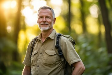 Fototapeta premium A mature man with a backpack smiles while hiking in a sunlit forest, enjoying nature's beauty and tranquility.