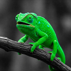 Obraz premium Bright green lizard on a branch on a black and white background.