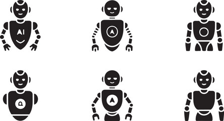 Flat Vector Robot Icons Set on Black Background; Automation and Technology Concept