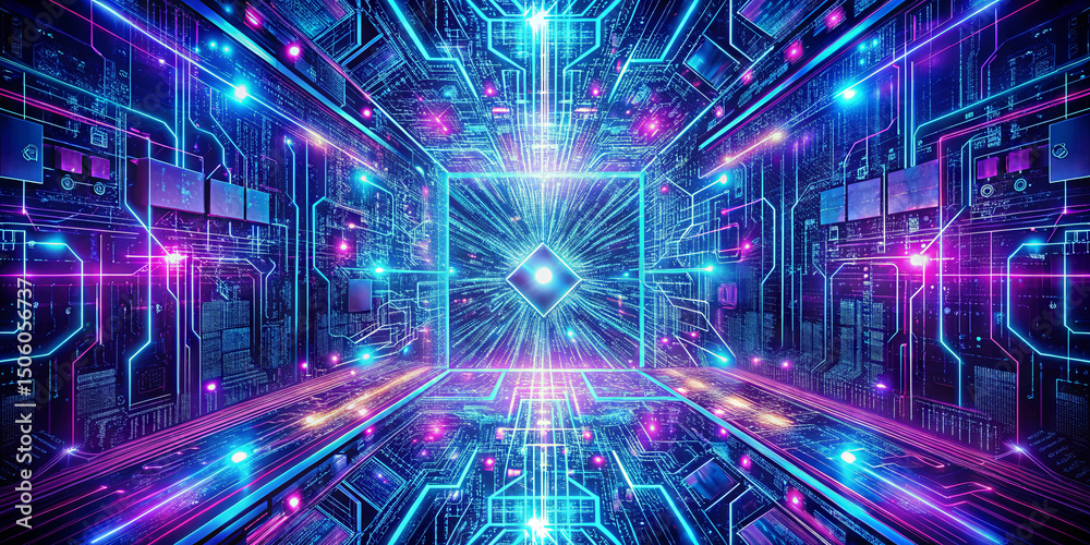 Poster a bright, mesmerizing digital pathway is illuminated with neon colors, showcasing intricate circuit 