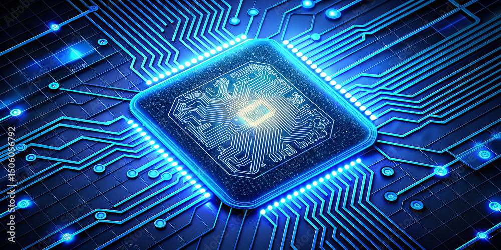 Poster brightly lit microchip situated at the center of an intricate pattern of electronic circuitry. this 