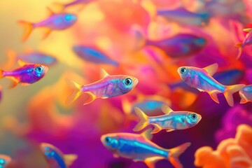 Naklejka premium A vibrant swarm of small, rainbow-colored tetras swims amidst a blur of coral in a warm, tropical reef environment.