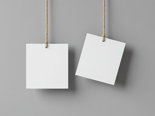 Two blank square tags hang from light beige strings