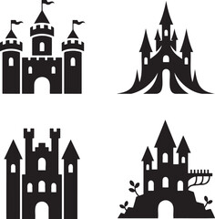 Fototapeta premium Fantasy Magic Castle silhouette set vector isolated On Transparent Background
