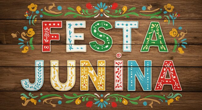Festa Junina Tradicional com Detalhes Bordados e Fundo de Madeira