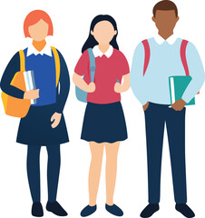 Fototapeta premium Diverse Group of Students Standing Together with Backpacks and Books Ready for School and Education in a Flat Vector Style