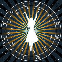 Astrologic zodiac horoscope background with silhouette of woman. Astrology concept.eps