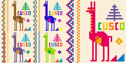 Colorful peruvian background with llama and Cusco in embroidery style.eps