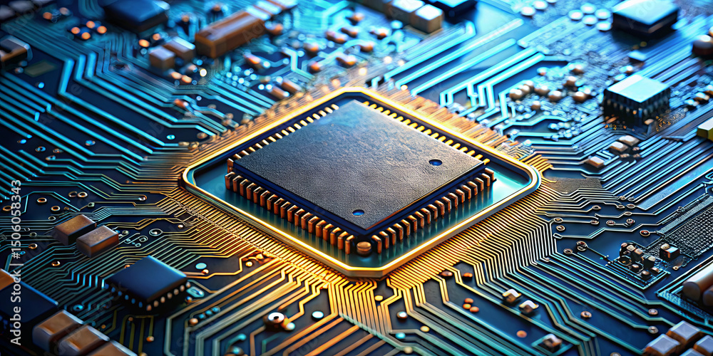 Poster a detailed view of a microchip is showcased on a circuit board. the intricate pathways and component
