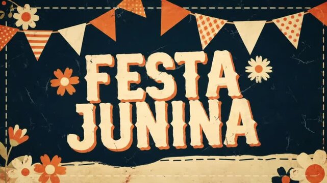 Poster de Festa Junina: Bandeirinhas Coloridas e Fundo Vintage com Flores