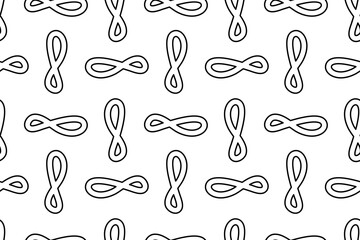 Seamless pattern, coloring page with infinity symbols, or loops. Abstract geometric vector background. For entertaining kids, black and white design, DIY craft, and wrapping paper or wallpaper.