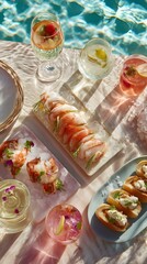 Luxury Poolside Sushi and Summer Cocktails in Golden Sunlight