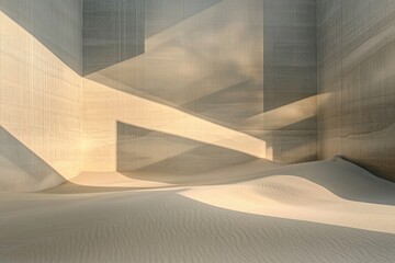 Minimalist architectural scene with sand dunes inside a concrete structure, illuminated by strong geometric light patterns.