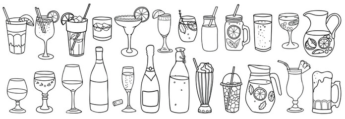 Drinks set. Cocktails, Wine, Beer and Whiskey. Lemonade, Milkshake, Water, Soda,Ice tea and Smoothie. Hand drawn Vector illustration in Doodle style. Beverages for restaurant menus and graphic design