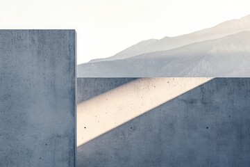 Architectural shot of textured concrete walls with sunlight highlighting a diagonal, against a backdrop of hazy mountains.