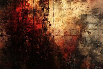 Obraz premium Rustic stone wall partially covered by vibrant red ivy, creating a dramatic and textured contrast.