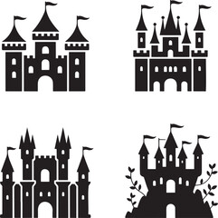 Fototapeta premium Fantasy Magic Castle silhouette set vector isolated On Transparent Background