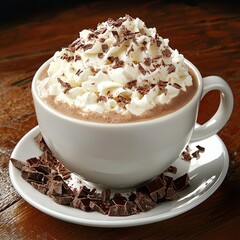 Whipped Cream Hot Chocolate Close-up Composition, Chocolate Shavings, Indulgent Beverage, Food Photography Hot Chocolate, Whipped Cream