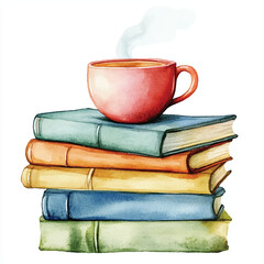 Naklejka premium Cute cartoon watercolor A stack of books with a coffe