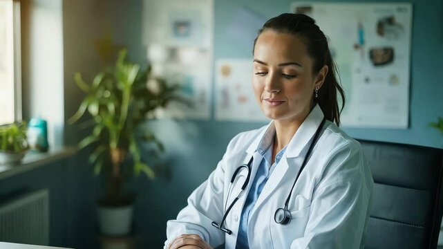  Female Doctor at Her Desk - Healthcare Professional. A friendly female doctor in a white coat, smiling at her desk with her stethoscope, in her office. Ideal for websites and medical marketing