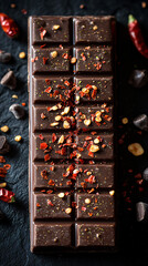 Spiced Dark Chocolate Bar with Chili Flakes and Lime Zest on Slate