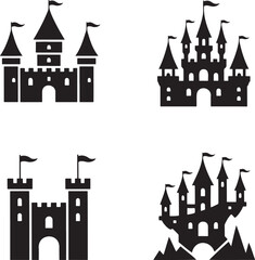 Fototapeta premium Fantasy Magic Castle silhouette set vector isolated On Transparent Background