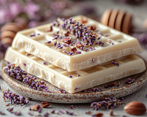 Flat Lay of Lavender-Topped White Chocolate Drizzled with Honey