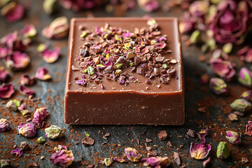 Flat Lay of Rose Chocolate Square with Pistachio Kernels