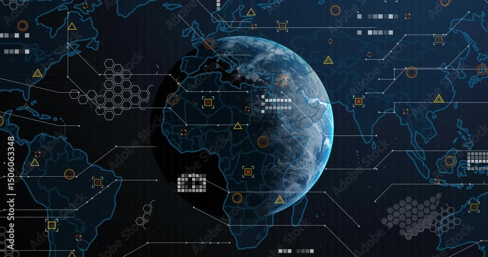 Poster dark backdrop starting globe rotating, icons fading in and grids expanding for data visualization
