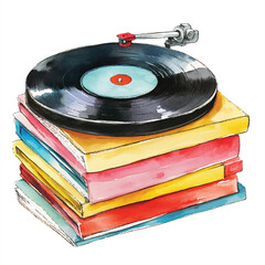 Fototapeta premium Cute cartoon watercolor A stack of vintage vinyl retro