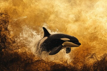 Fototapeta premium Majestic orca leaps from golden waves, splashing through the water in a powerful, artistic display of marine life.