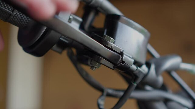Brake handle on motorcycle. Hand close up