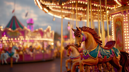 Fototapeta premium Enchanting carousel at carnival with blurred fair background. Festival, nostalgia, or magical childhood themes