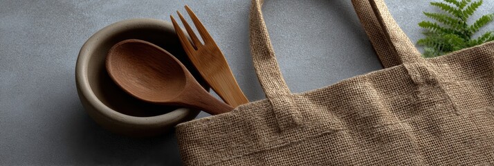eco-friendly lifestyle, top-down view of zero-waste essentials on a jute fabric banner with a soft neutral gradient text zone on the right