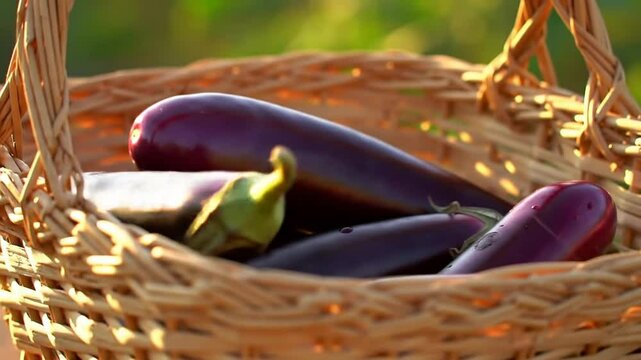 Fresh Aubergines Gathered In A Wicker Basket At Sunset Time