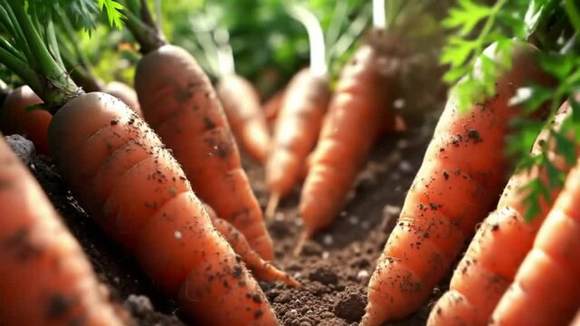 Fresh Carrots Growing, Healthy Food Concept, Ground Level View