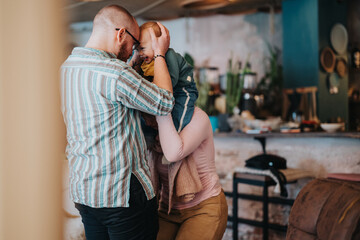 Naklejka premium Loving family engaging in a joyful moment together inside their home. Parents and child sharing quality time creates feelings of warmth, comfort, and positivity.