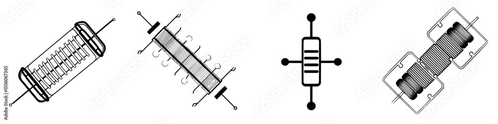 Poster icon set featuring various electrical component designs suitable for technical illustrations and dia