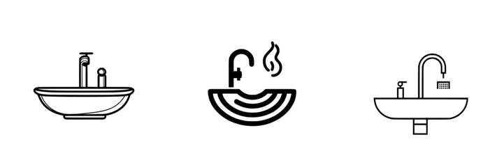 Icon set featuring various sink designs, suitable for kitchen and bathroom applications, highlighting modern faucet styles and shapes