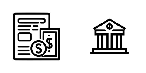 Icon set featuring financial documents and bank building symbols for monetary representation and transactions