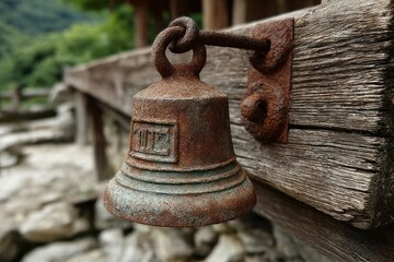 Fototapeta premium Rustic Bell Hanging on Weathered Wood Timeless Charm for Vintage and Nature Themes