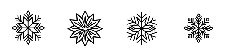 Obraz premium Intricate black snowflake icons showcasing diverse geometric patterns for seasonal designs