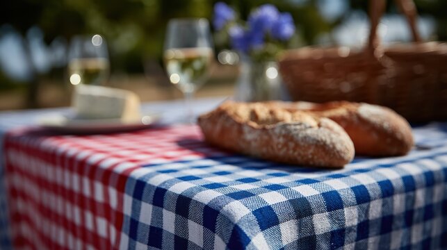 parisian picnic culture, parisians delight in a communal picnic red-white-blue tablecloths, baguettes, wine, and cheese create a joyful scene in a public park
