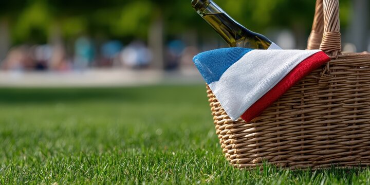 french national holiday celebrations, clear close-up of a picnic basket with draped french flag fabric and a wine bottle visible, with a blurred background of a grassy field and bastille day