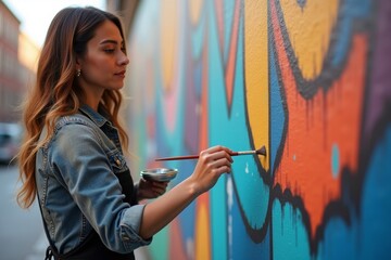 Capturing the creative essence: A woman artist passionately paints vibrant mural on city wall, showcasing her love for street art