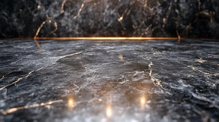 Printed kitchen splashbacks Veined surface Dark marble texture with golden lines and reflected light