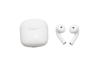 White modern wireless headphones isolated on white background. Copy space