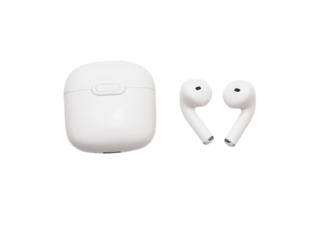 White modern wireless headphones isolated on white background. Copy space