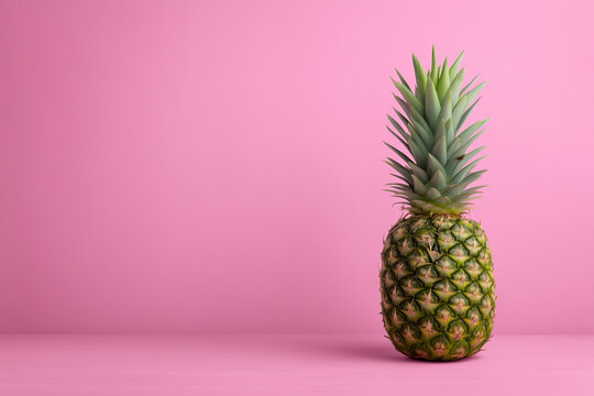 whole ripe pineapple standing upright on pink background with minimal and vibrant tropical aesthetic